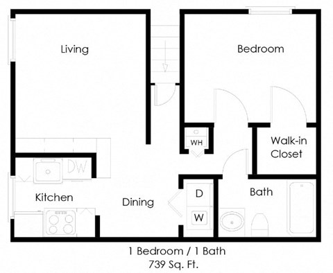 Floor plan for 1 bed, 1 bath, 739 sqft